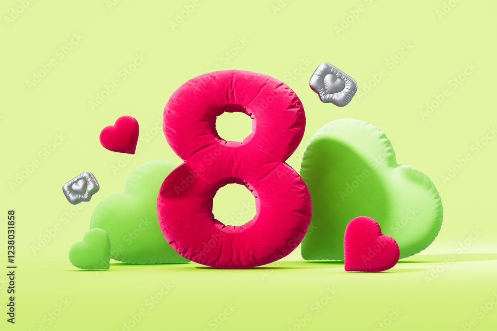Aufkleber plush number 8 surrounded by colorful hearts on green background. 3d rendering