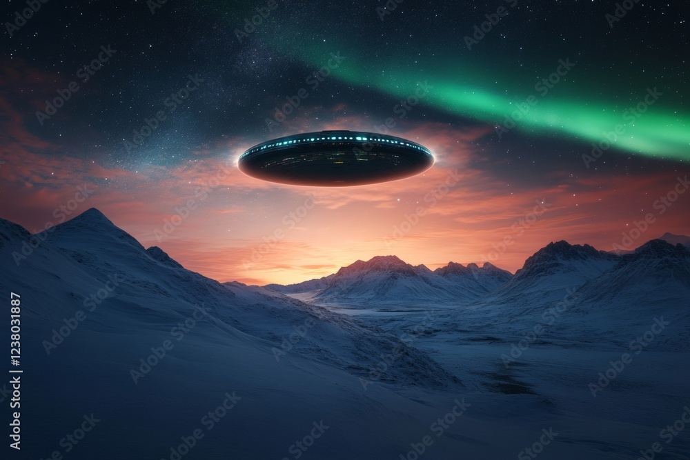 Poster futuristic sci-fi landscape mystical spaceship over snowy peaks with aurora - elevate visual storyte