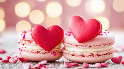 Delightful heart-shaped macarons festive bakery food photography cozy setting close-up love concept
