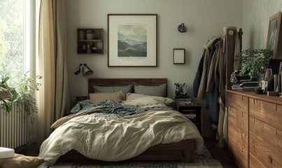 poster frame mock-up in a hipster bedroom with a Scandinavian interior design.