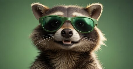 Fototapeta premium Mischievous raccoon in trendy green sunglasses, nature, outdoor, mischief