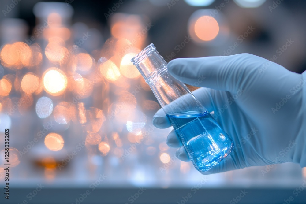 Aufkleber tech-enhanced lab aesthetic close-up of gloved hands with test tube of blue liquid - innovative stem