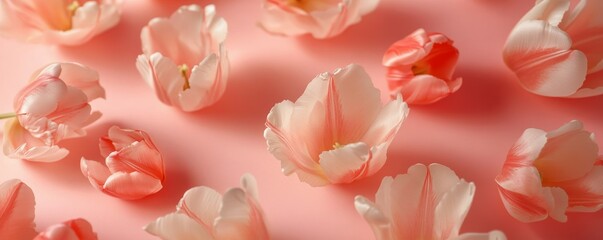 Gift wrapping arrangement with pink tulips on a soft pink background