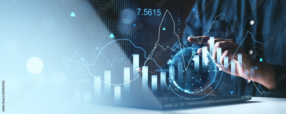 Poster interactive financial data visualization with futuristic graphs and charts on a digital interface ba