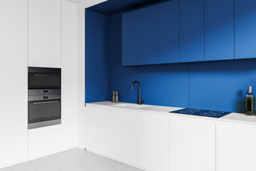 Modern kitchen interior with white and blue design. 3D Rendering