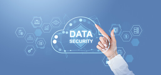 Data security concept with a hand interacting with a cloud-shaped interface on a blue background.