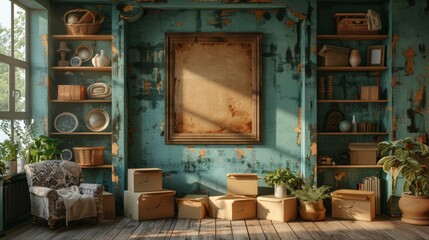 Moving . An attention-grabbing photo of moving boxes and various items in an empty room, symbolizing a perspective for future decor ideas or interior design inspiration.