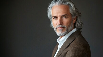 Obraz premium A senior man with elegant long gray hair, showcasing his charisma and wisdom in a stylish outfit. The warm light adds a touch of soothing glow to his presence