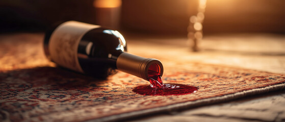 Spilled Red Wine on Vintage Carpet with Soft Ambient Lighting