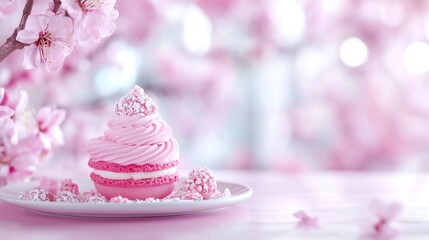 Pink dessert, spring blossoms, pastel background, food photography, recipe website