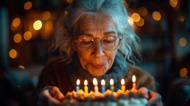 Happy birthday. Radiant 60-year-old woman blowing candles on birthday cake, surrounded by adoring family. Embodying joy, love, and unity in a cherished milestone celebration