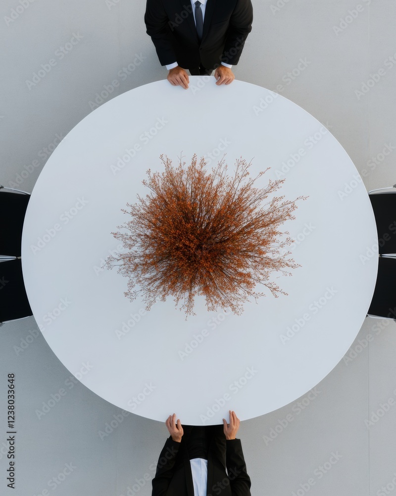 Poster minimalist corporate strategy white round table with modern centerpiece - collaborative workspace de