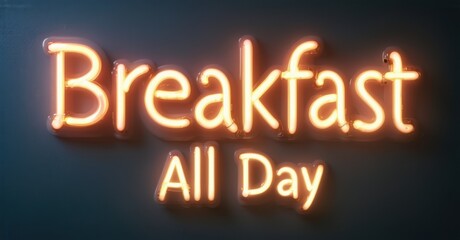 Glowing neon letters spelling breakfast all day buzzing warmly in soft orange against dark background creating cozy contrast inviting typography modern illuminated style