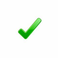 A shiny, green checkmark symbol on a white background, indicating approval or correctness.