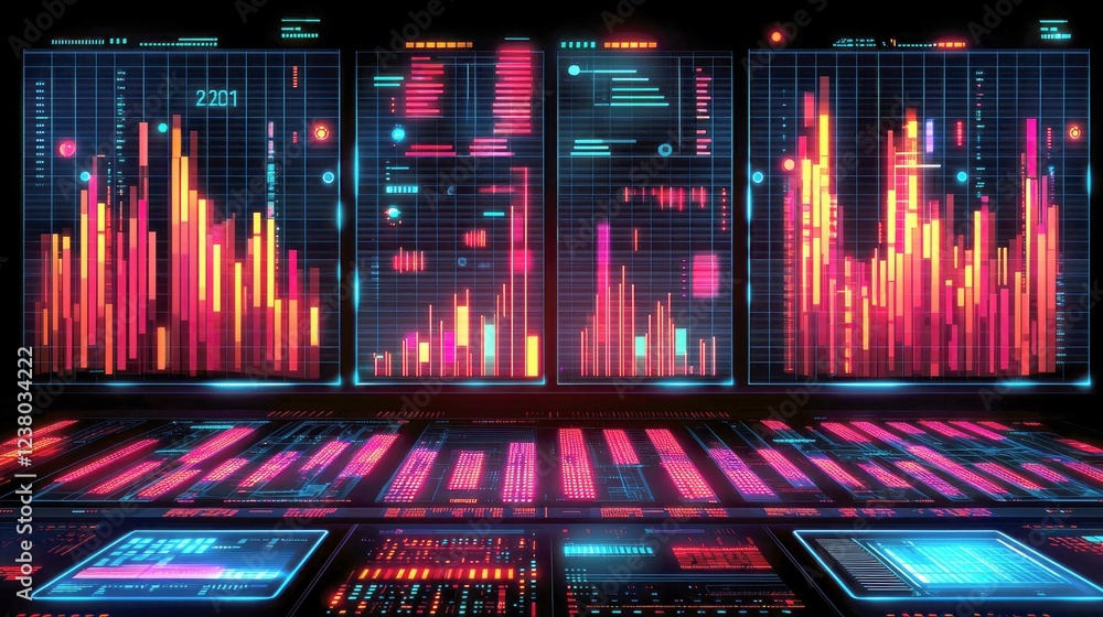 Poster cyberpunk digital data visualization: neon-lit futuristic tech interface
