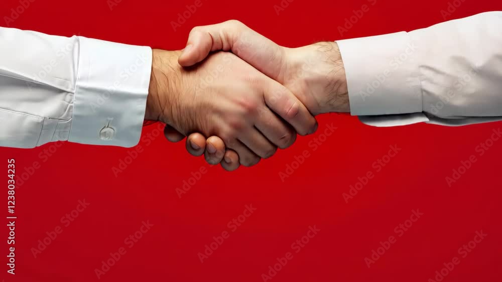 Poster two hands shaking on a red background. the handshake is a symbol of trust and agreement. the red bac