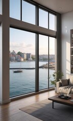 Fototapeta premium Modern apartment with large window overlooking the harbor, waterfront living, cruise liner, luxury apartment