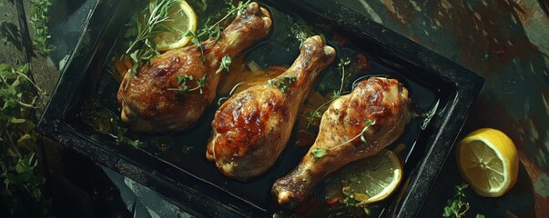 Grilled chicken drumsticks served with fresh herbs and lemon slices on a black tray