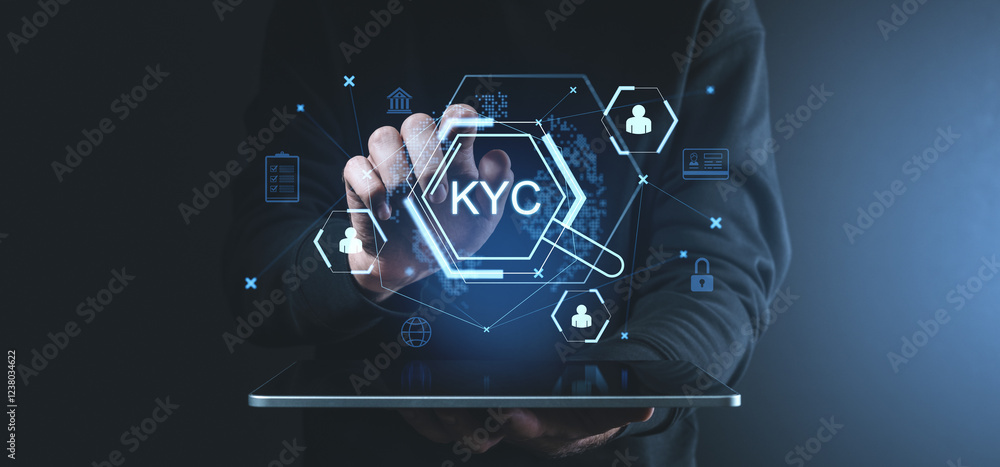 Poster digital kyc verification concept with virtual interface icons displayed on a tablet in a dark tech-t