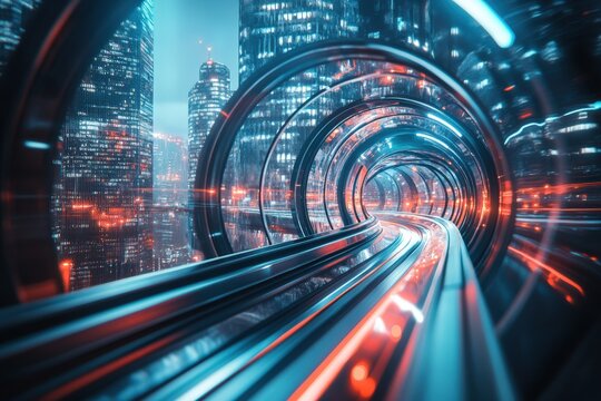 Futuristic hyperloop tunnel with neon lights in a modern cityscape