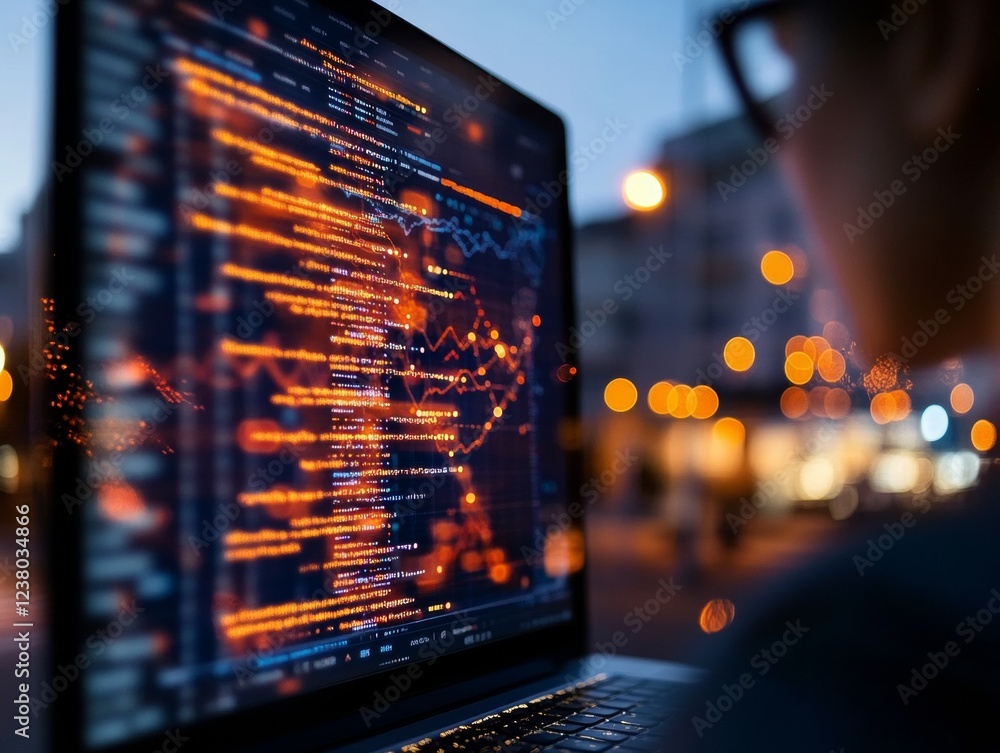 Aufkleber Future-Forward Business Analytics High-Tech Workspace with Digital Graph Insights on Laptop Screen - Professional Growth Strategy and Investment Optimization for Dynamic Market Trends