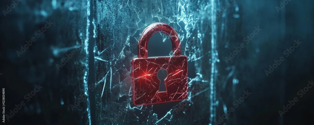 Poster hacker attack, security breach, system hacked alert with red broken padlock , cybersecurity concept