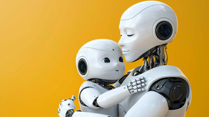 Robot parent tenderly holding its robotic baby Future family.