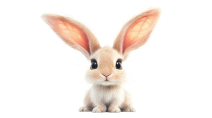 Adorable fluffy bunny sitting with ears raised on transparent background