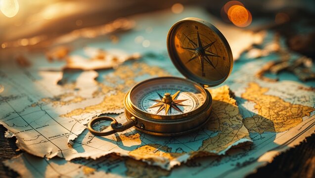 Compass lies on an old world map illuminated by warm sunlight in a cozy setting