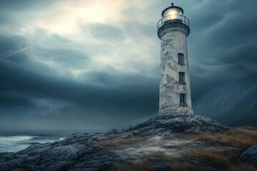 Stormy coastline with lighthouse under dramatic sky and lightning