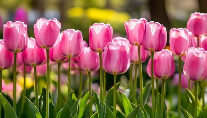 Fototapeta premium Field of Vibrant Pink Tulips in Bloom, Spring Flowers, Selective Focus, Natural Daylight