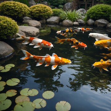 Carpe koi dorate e argentate che si vedono chiaramente nell'acqua limpida di un laghetto. Un laghetto sereno con carpe koi che si vedono chiaramente nell'acqua trasparente.Group of Ornamental Carp 