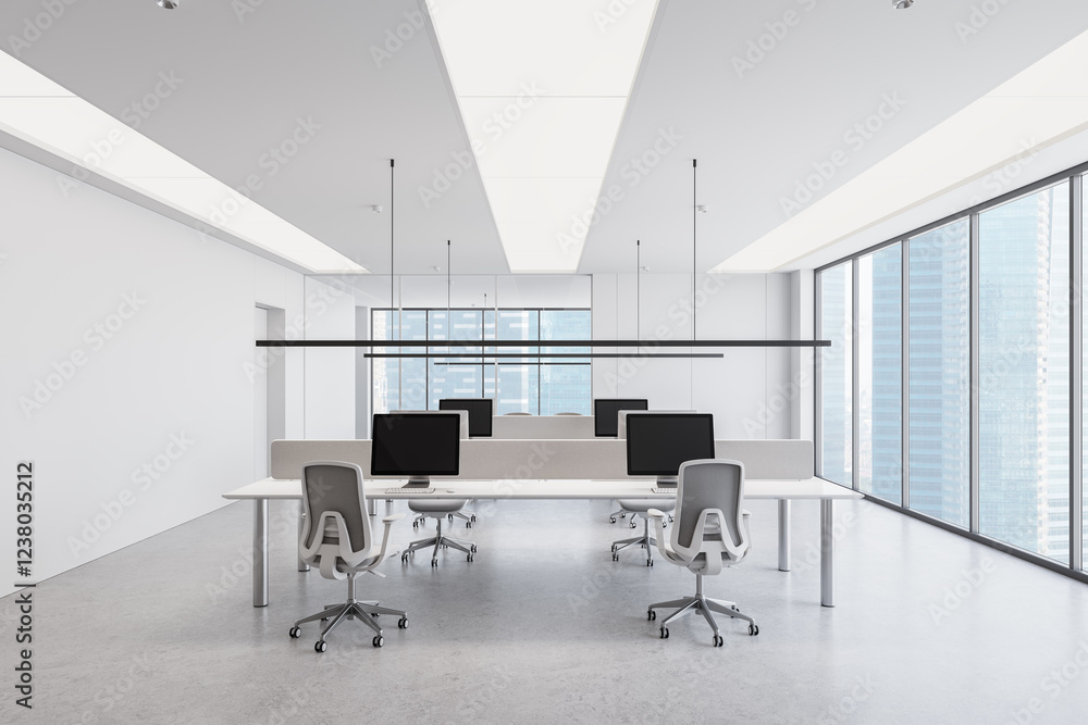 Aufkleber modern office interior with open workspace and large windows. 3d rendering