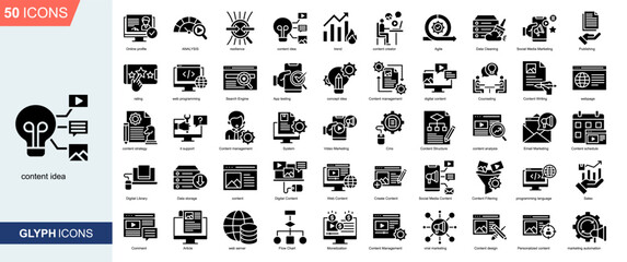 Content Idea icon collection Glyph Style. concept idea, Content management, digital content, Counseling, Content Writing, Content Filtering , programming language