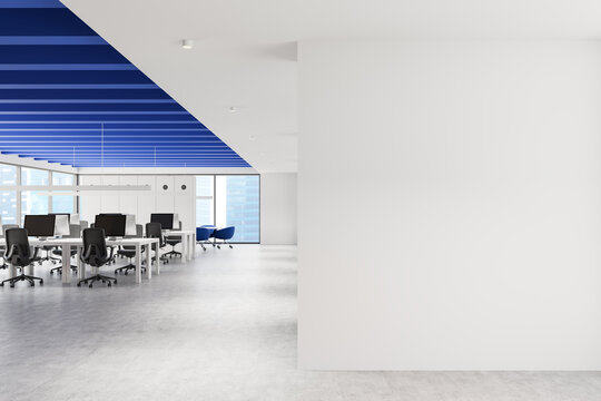 Modern office interior with white and blue minimalist design. 3D Rendering