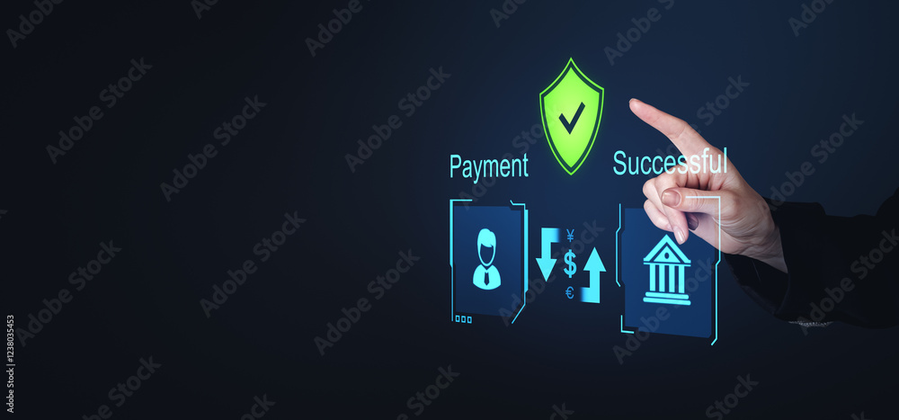 Poster digital hand interface displaying successful payment with secure shield icon on dark background.
