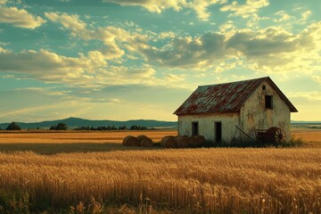 Fototapeta premium Rustic farmhouse amidst golden wheat fields under a vast sky