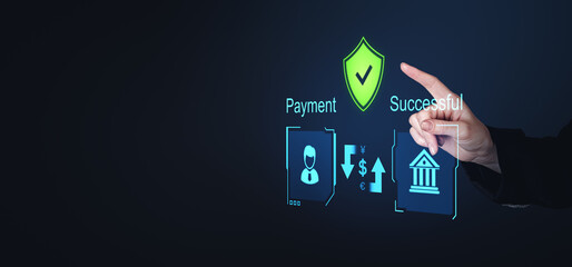 Digital hand interface displaying successful payment with secure shield icon on dark background.