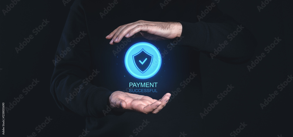 Poster digital payment success symbol with secure shield in hands.