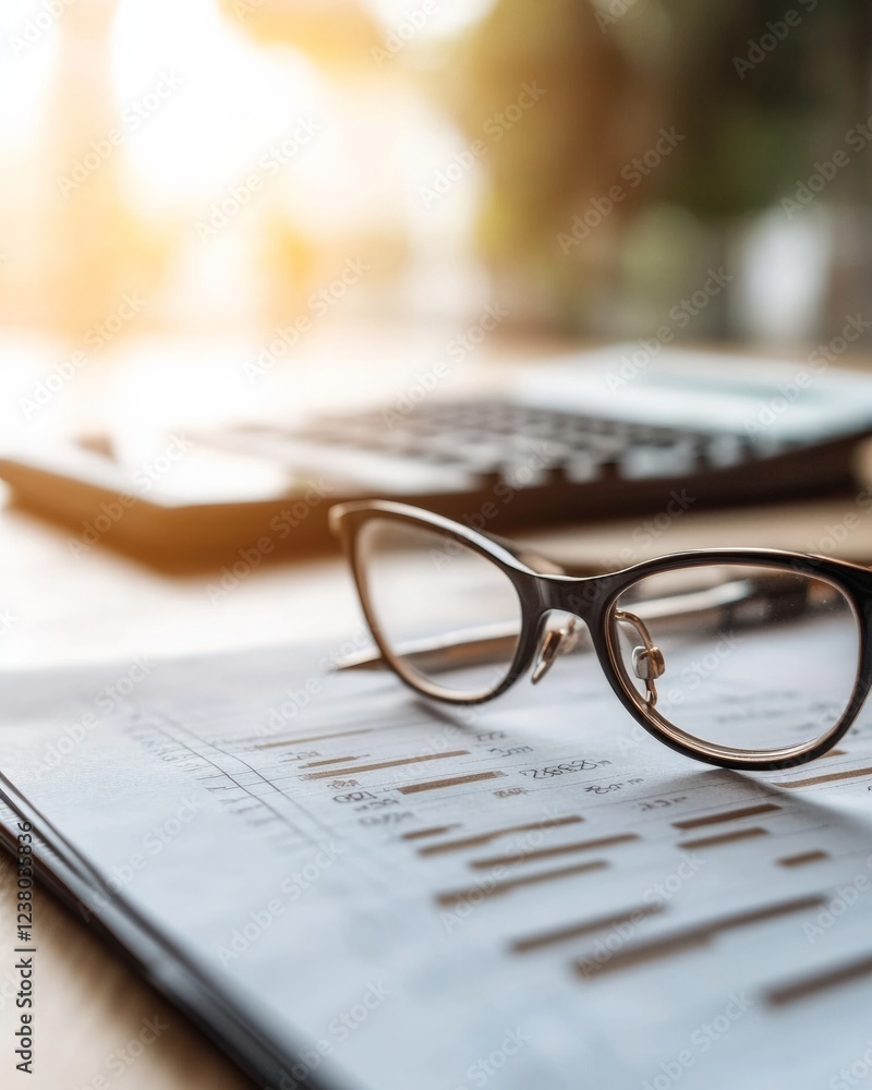 Poster Modern Financial Workspace Sleek Glasses on Data-Driven Graphs with Calculator - Precision Budgeting Tools for Strategic Business Planning and Digital Analysis