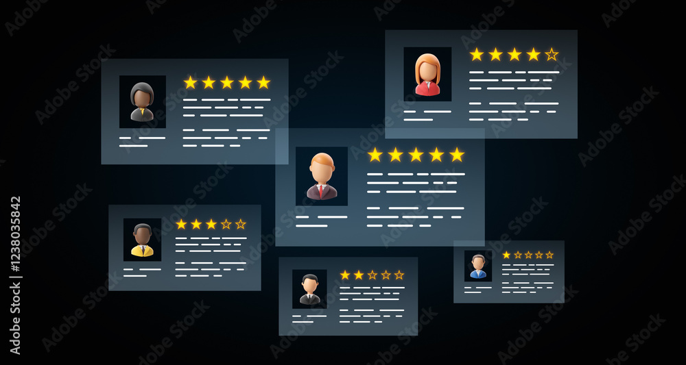 Poster customer feedback and rating system with diverse profiles on digital cards. 3d rendering