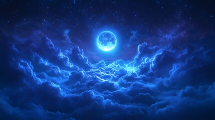 Fototapeta premium Glowing Full Moon Over Dramatic Blue Clouds