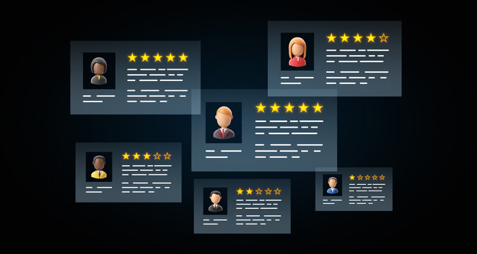 Customer feedback and rating system with diverse profiles on digital cards. 3D Rendering