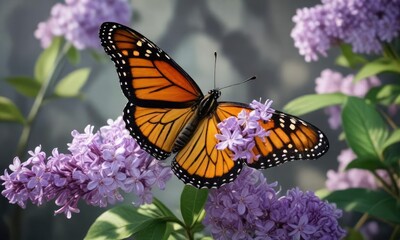 Naklejka premium Monarch butterfly sipping nectar from a lilac flower's center, wildlife, lilac flower, feeding