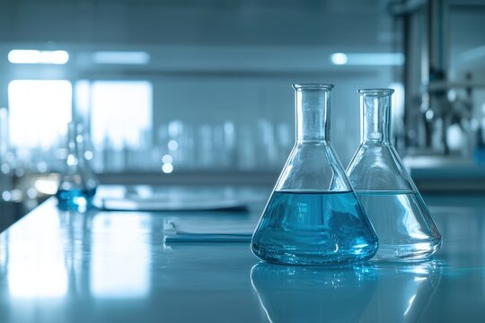Laboratory glassware with blue liquid on a reflective surface in science lab
