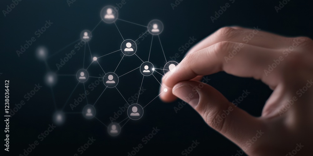 Poster hand interacting with digital network of users icons