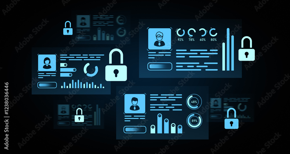 Poster cybersecurity concept showing digital interfaces and padlocks. 3d rendering