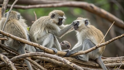Obraz premium Monkeys grooming each other on a branch with a tangled mess of fur and twigs, some playing and others being groomed, playfulness, jungle, fur entanglement, monkey