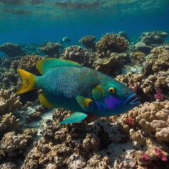 Obraz premium A colorful parrotfish exploring a coral garden. A colorful parrotfish nibbling on corals in a vibrant underwater scene. A parrotfish using its beak to graze on a coral reef.