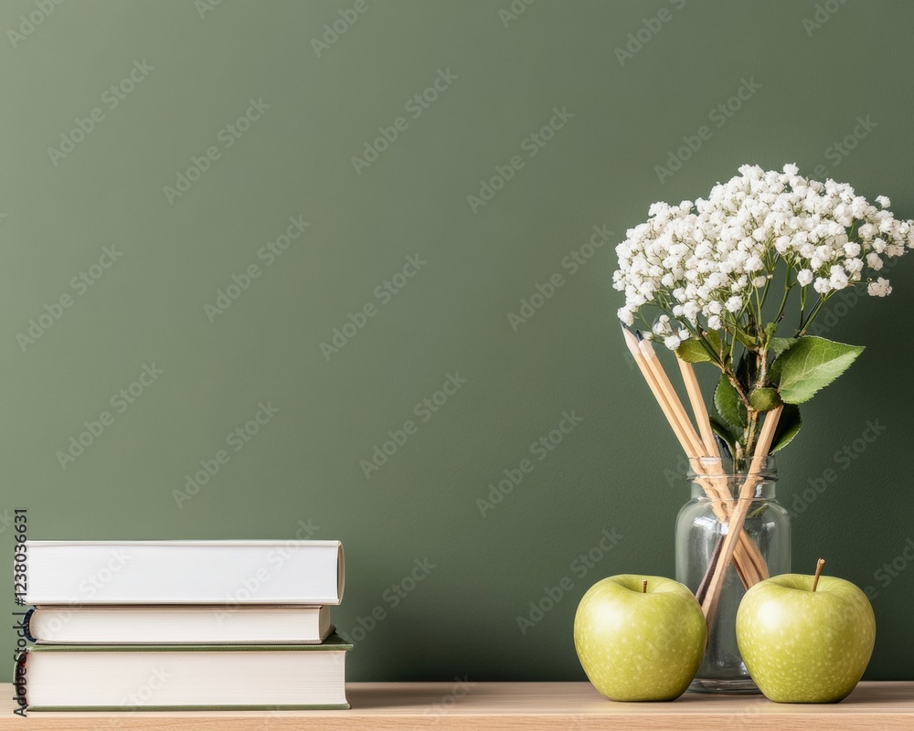 Aufkleber eco-educational display textured stacked textbooks with chalkboard and fresh apples - visual content